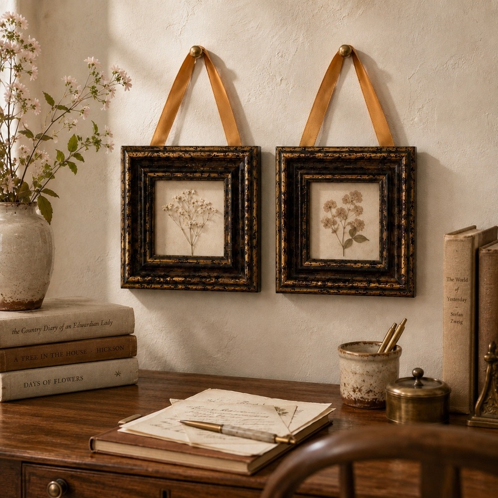 Set of 2 Distressed Gold Bronze Square Picture Frames with Ribbon Hangers 7x7